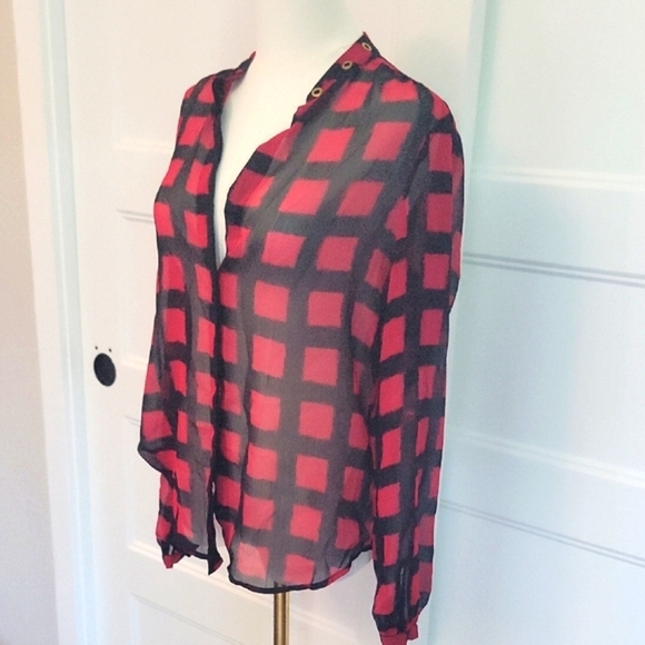 Michael Kors Red and Black Sheer Blouse - Picture 2 of 5
